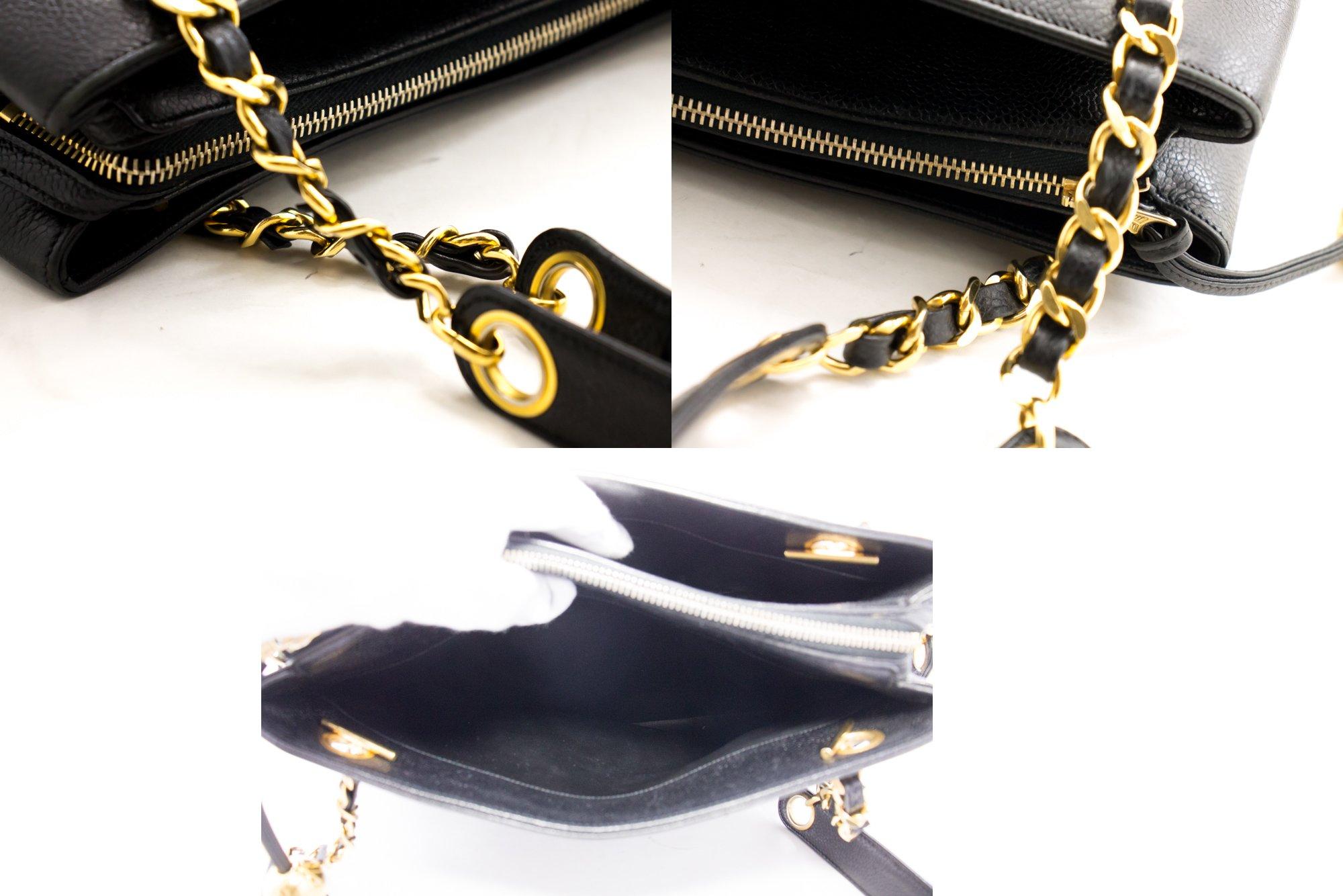 CHANEL Kaviar Große Kette Umhängetasche Leder Schwarz Reißverschluss Goldperle im Angebot 3
