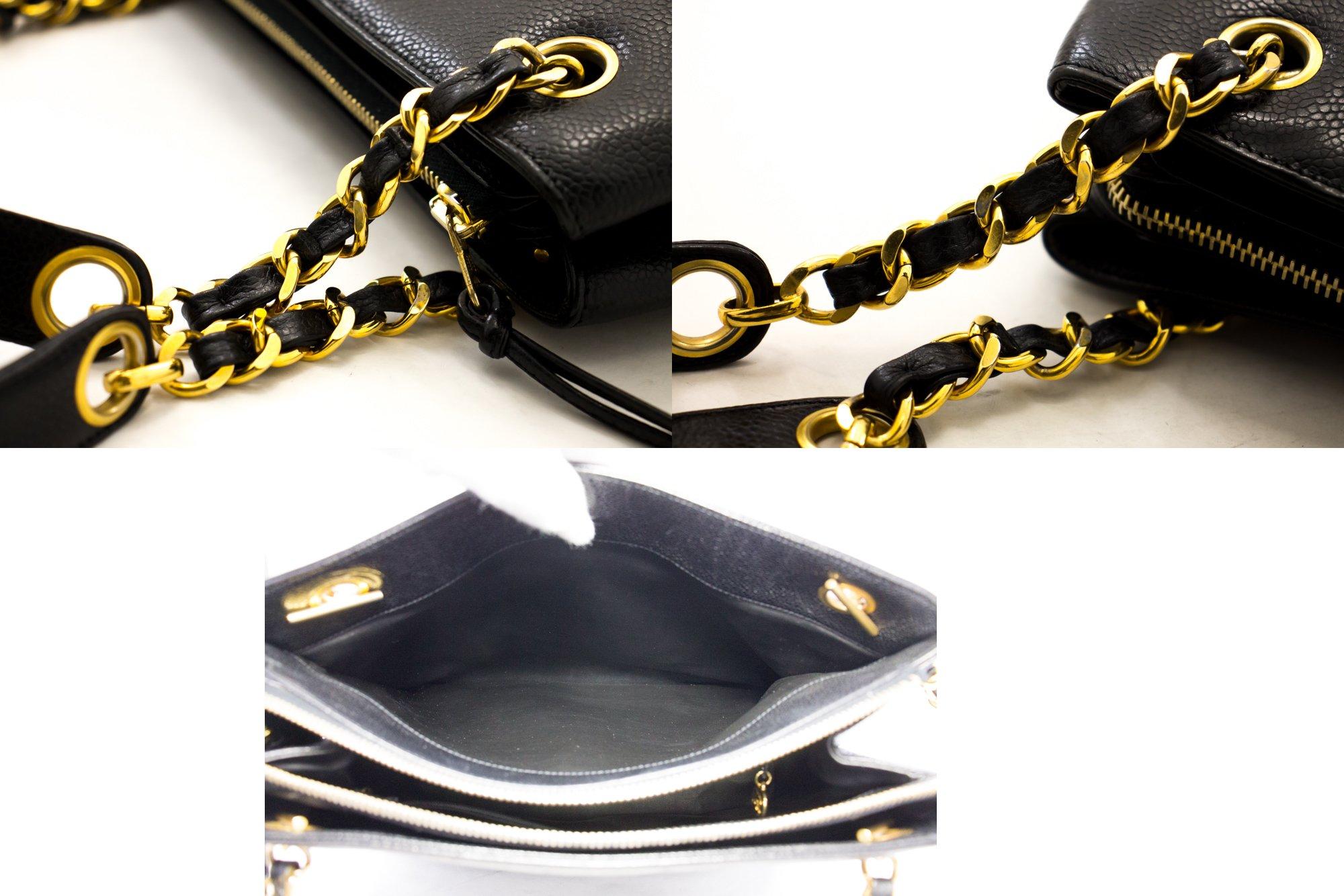 Women's CHANEL Caviar Large Chain Shoulder Bag Leather Black Zip Goldper