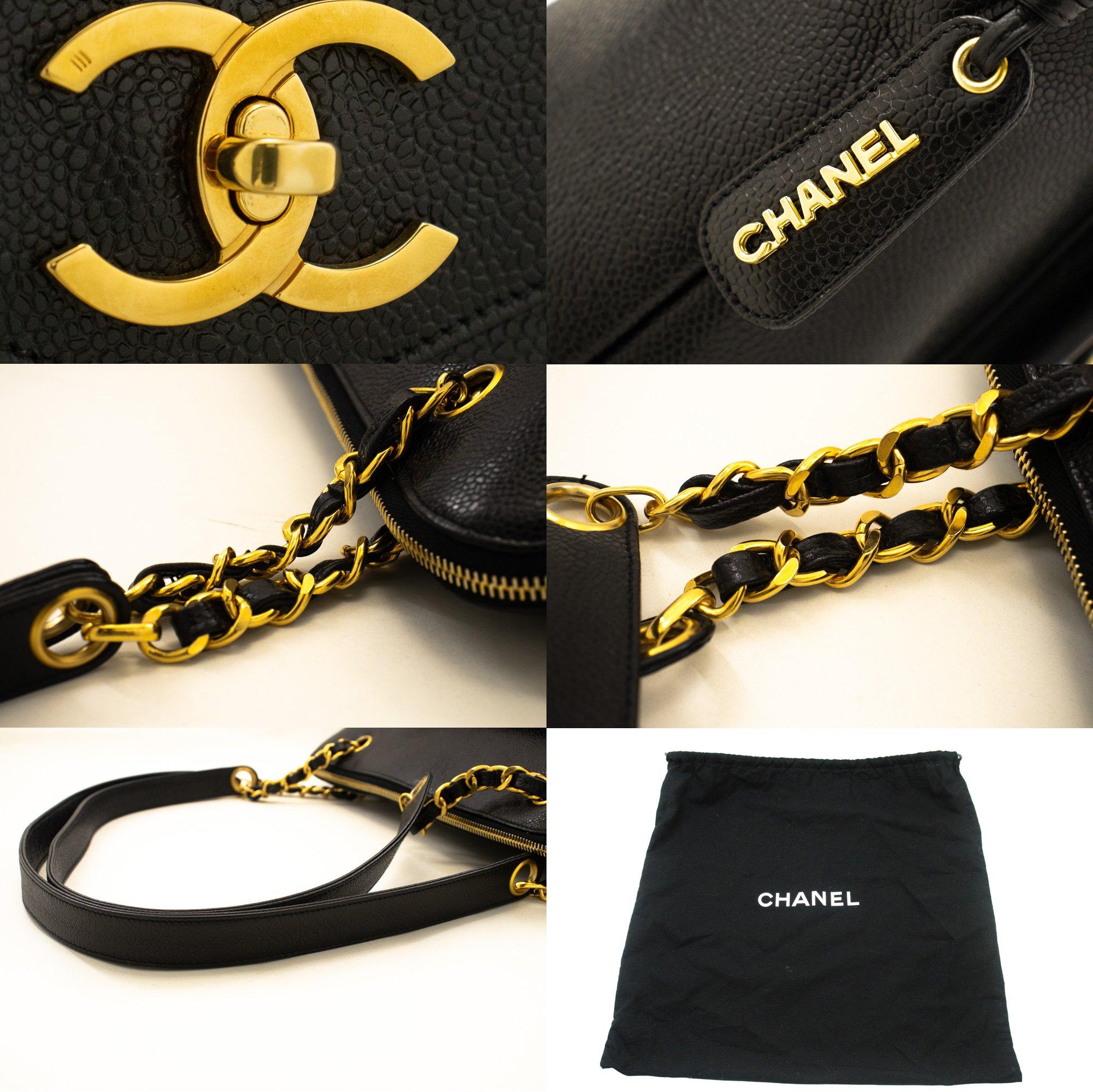 CHANEL Caviar Large Chain Shoulder Bag Leather Black Zip Goldper 3