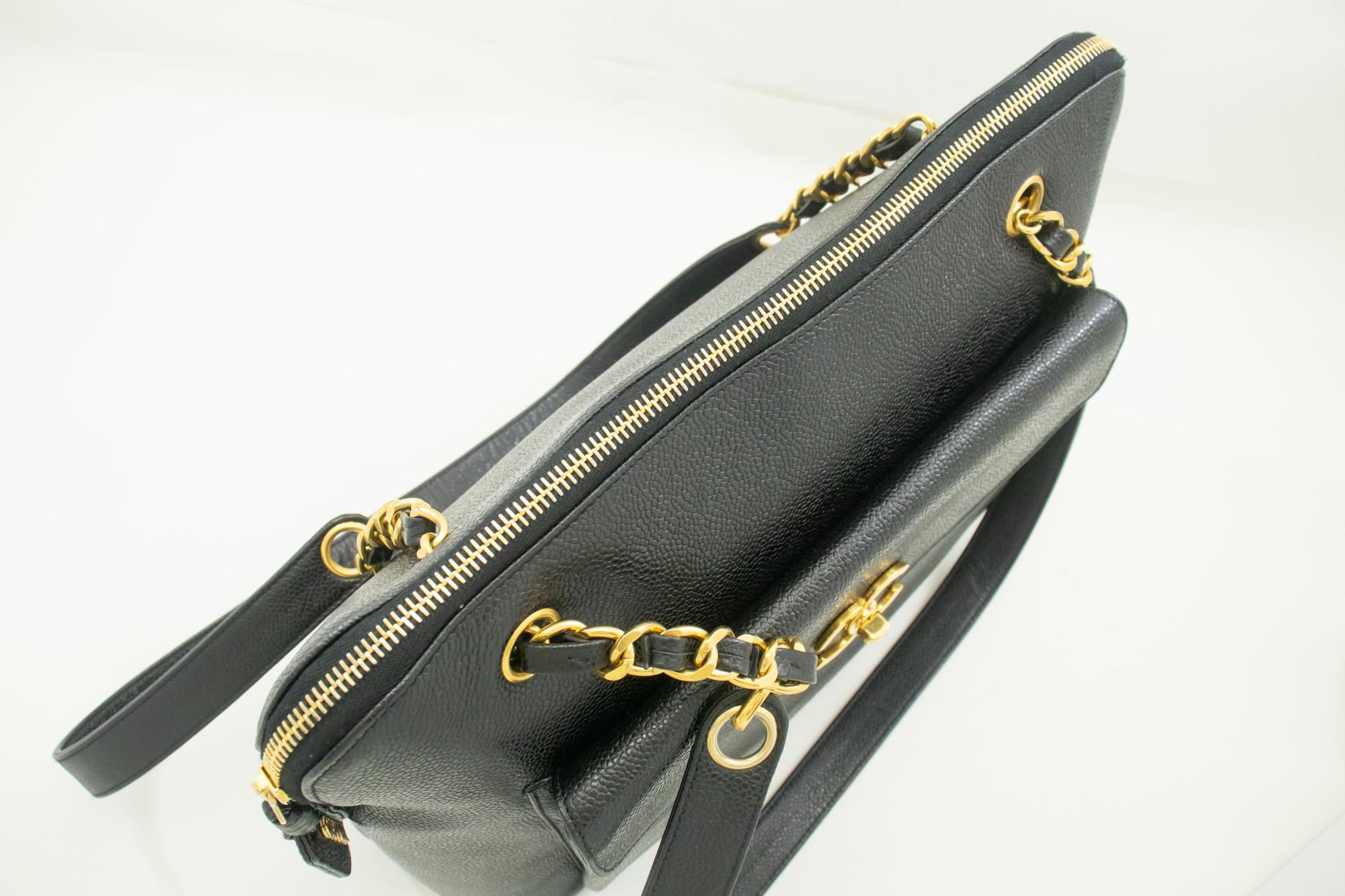 CHANEL Caviar Large Chain Shoulder Bag Leather Black Zip Goldper 5