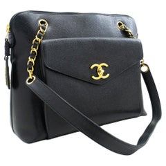 Retro CHANEL Caviar Large Chain Shoulder Bag Leather Black Zip Goldper