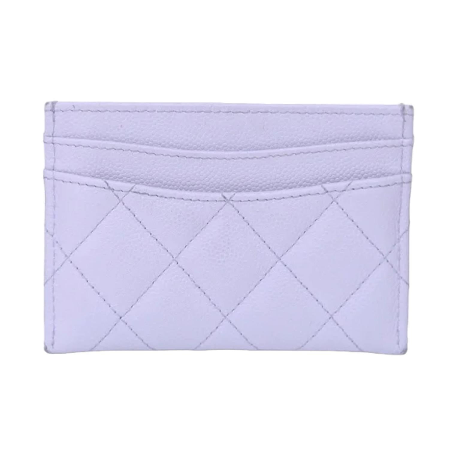 CHANEL Caviar Leather Cardholder Quilted Light Purple Silver CC Flat 2021 In Fair Condition In Hollywood, FL