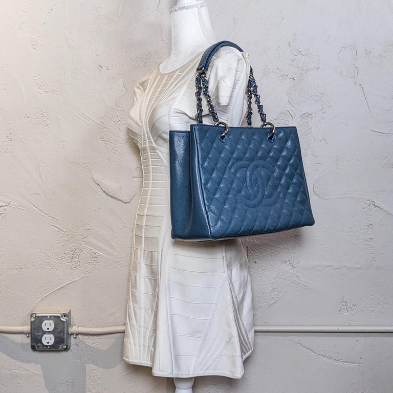 Chanel Blue Quilted Caviar Urban Shopping Tote Ruthenium Hardware