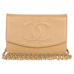 Chanel Kaviarfarbene Leder-Mini-Brieftasche an Kette, gesteppte Frontklappe
