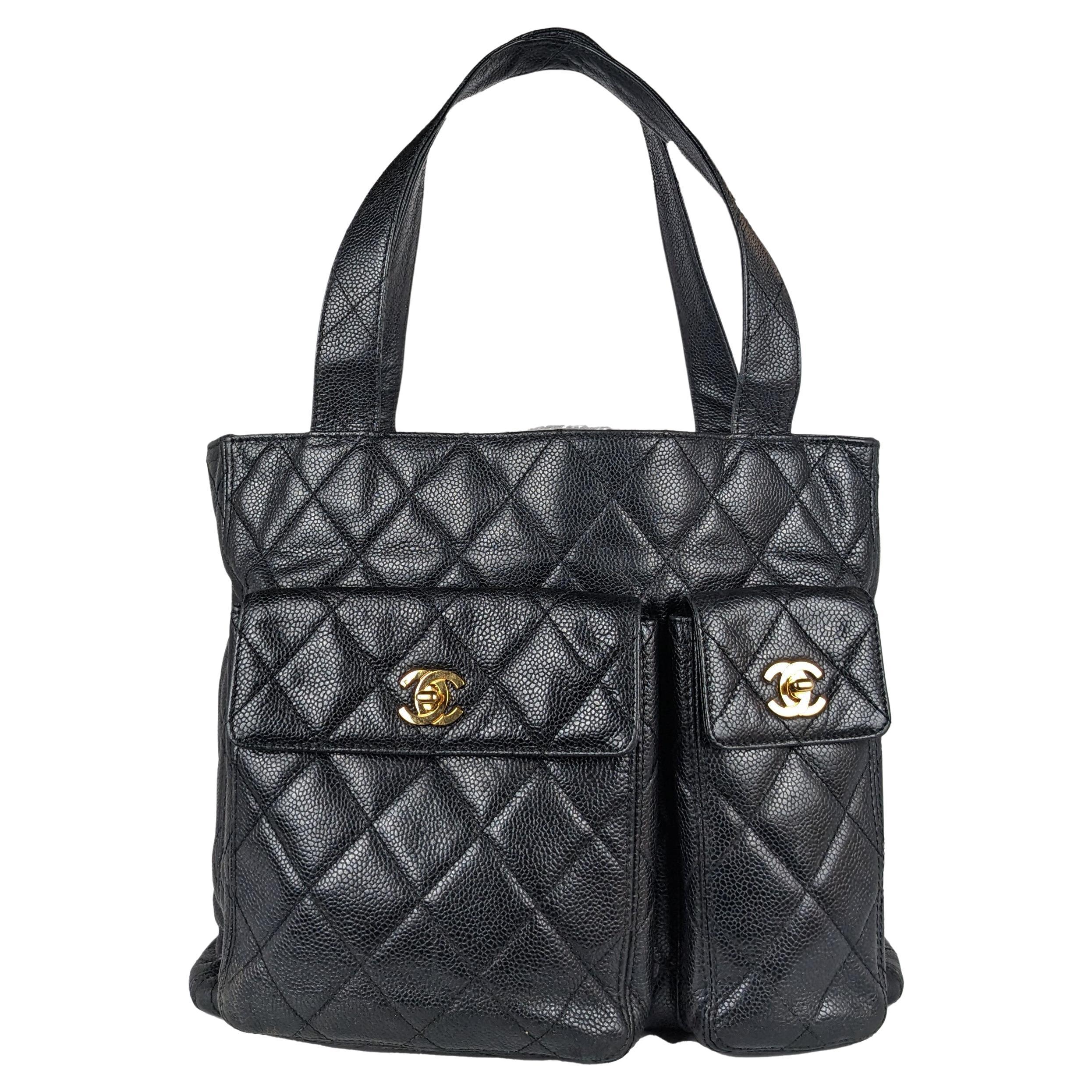 Chanel Caviar Leather Quilted Double Pocket Tote Black