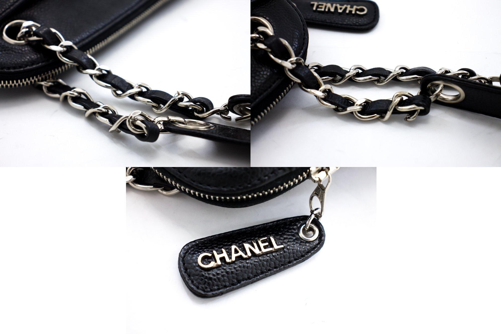 CHANEL Caviar Logo Chain Shoulder Bag Leather Black Silver Hardwar 3
