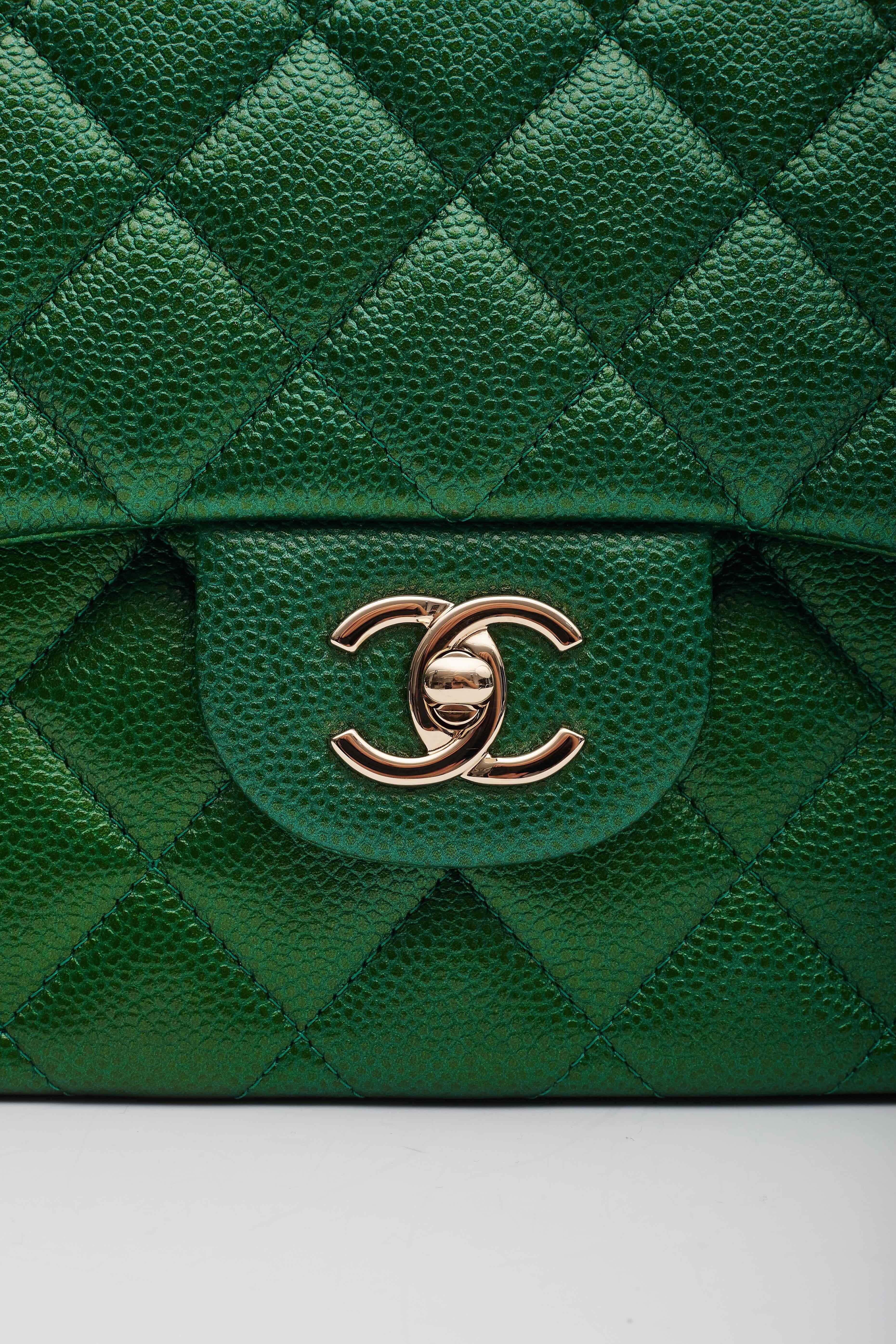 Chanel Caviar Pearly Green Leather Jumbo Classic Double Flap Bag 2018s W Gold For Sale 5