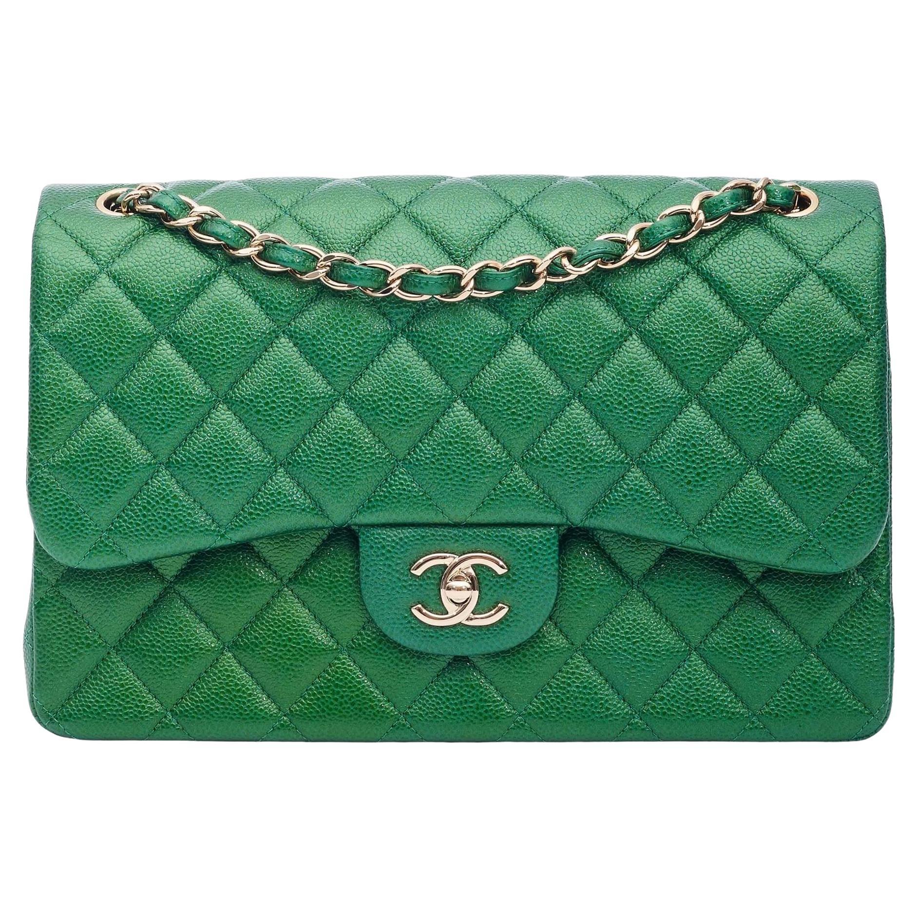 Chanel Caviar Pearly Green Leather Jumbo Classic Double Flap Bag 2018s W Gold