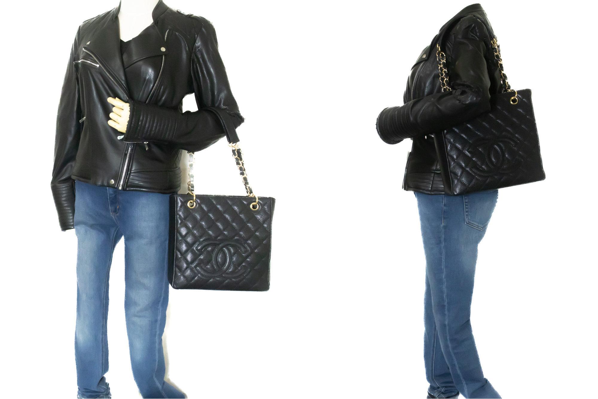 CHANEL Caviar PST Chain Shoulder Shopping Tote Bag Black Quilted For Sale 7