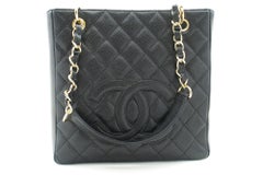 CHANEL Caviar PST Chain Shoulder Shopping Tote Bag Black Quilted