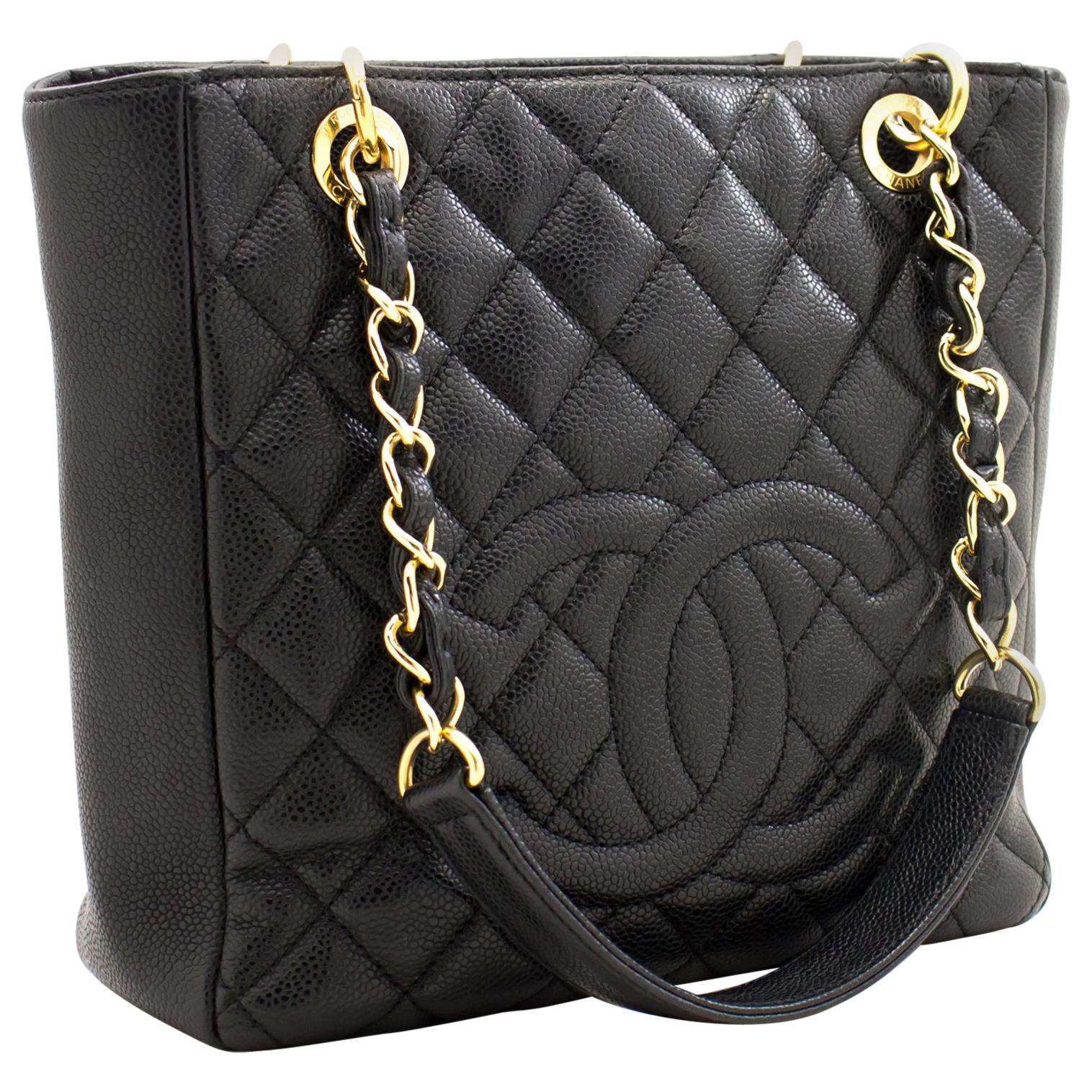 CHANEL Caviar PST Chain Shoulder Shopping Tote Bag Black Quilted