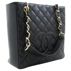 CHANEL Caviar PST Chain Shoulder Shopping Tote Bag Black Quilted
