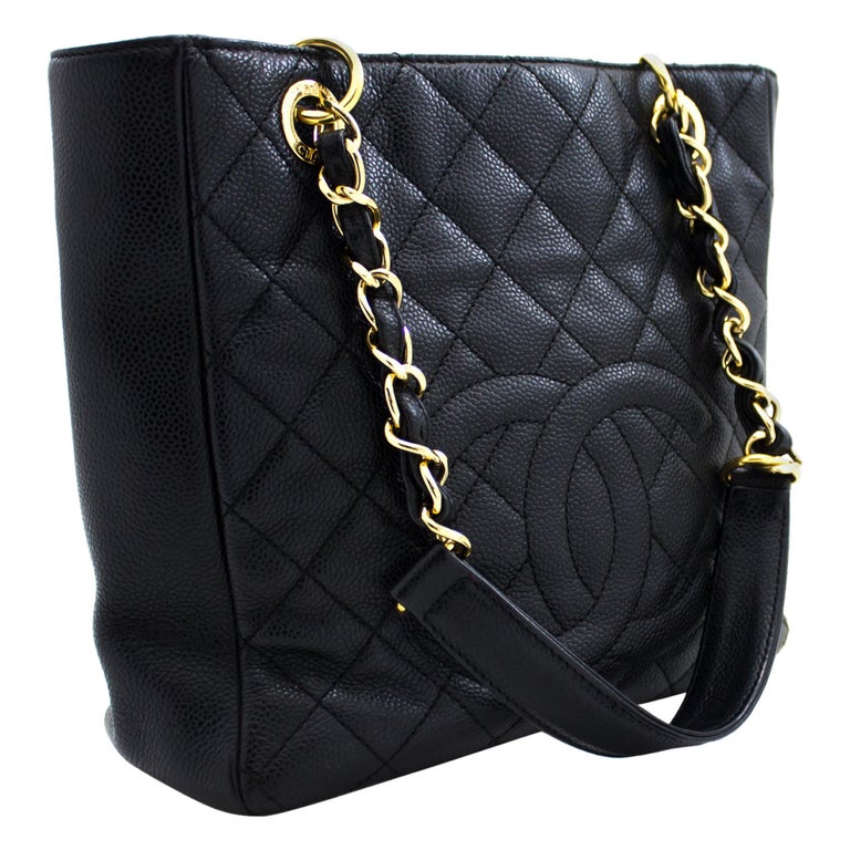 CHANEL Caviar PST Chain Shoulder Shopping Tote Bag Black Quilted