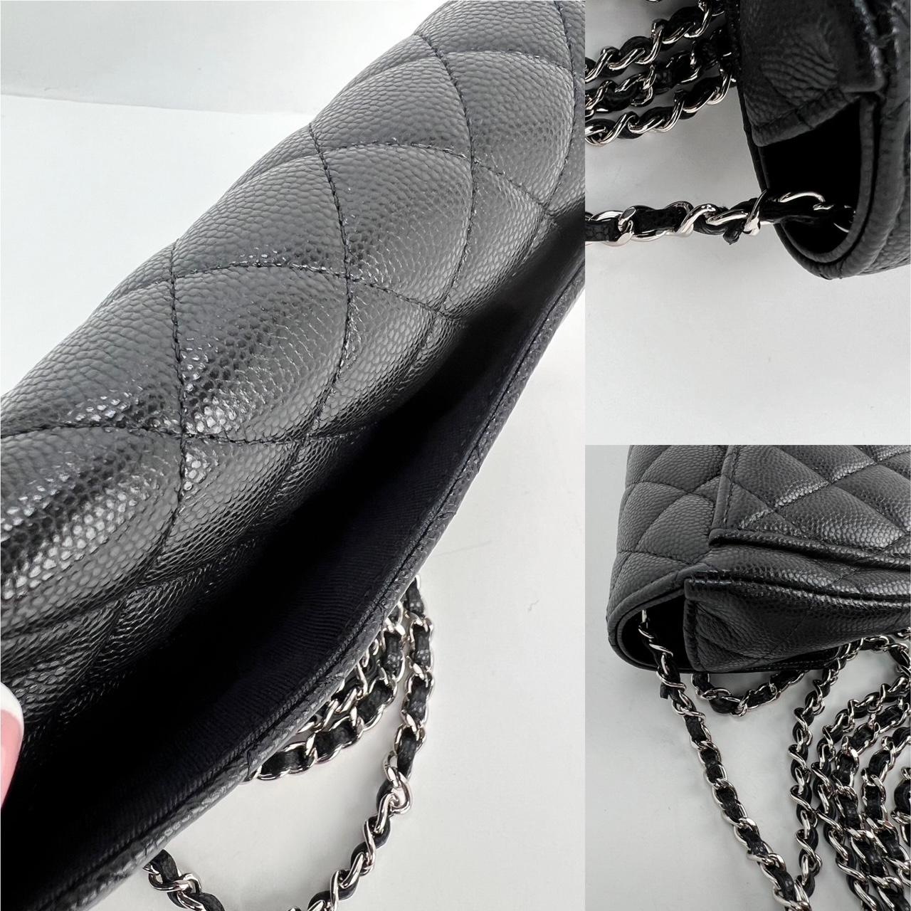 Pre-Owned  100% Authentic
Chanel Caviar Quilted Black Leather Glasses Case with Chain Crossbody Bag  
RATING: A...excellent, near mint, has little
to no signs of wear 
MATERIAL: caviar calfskin leather
STRAP: leather woven in silver chain