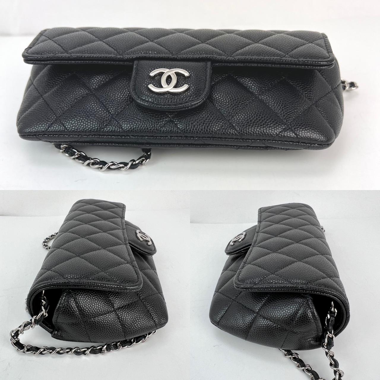 Women's Chanel Caviar Quilted Black Leather Glasses Case with Chain Crossbody Bag