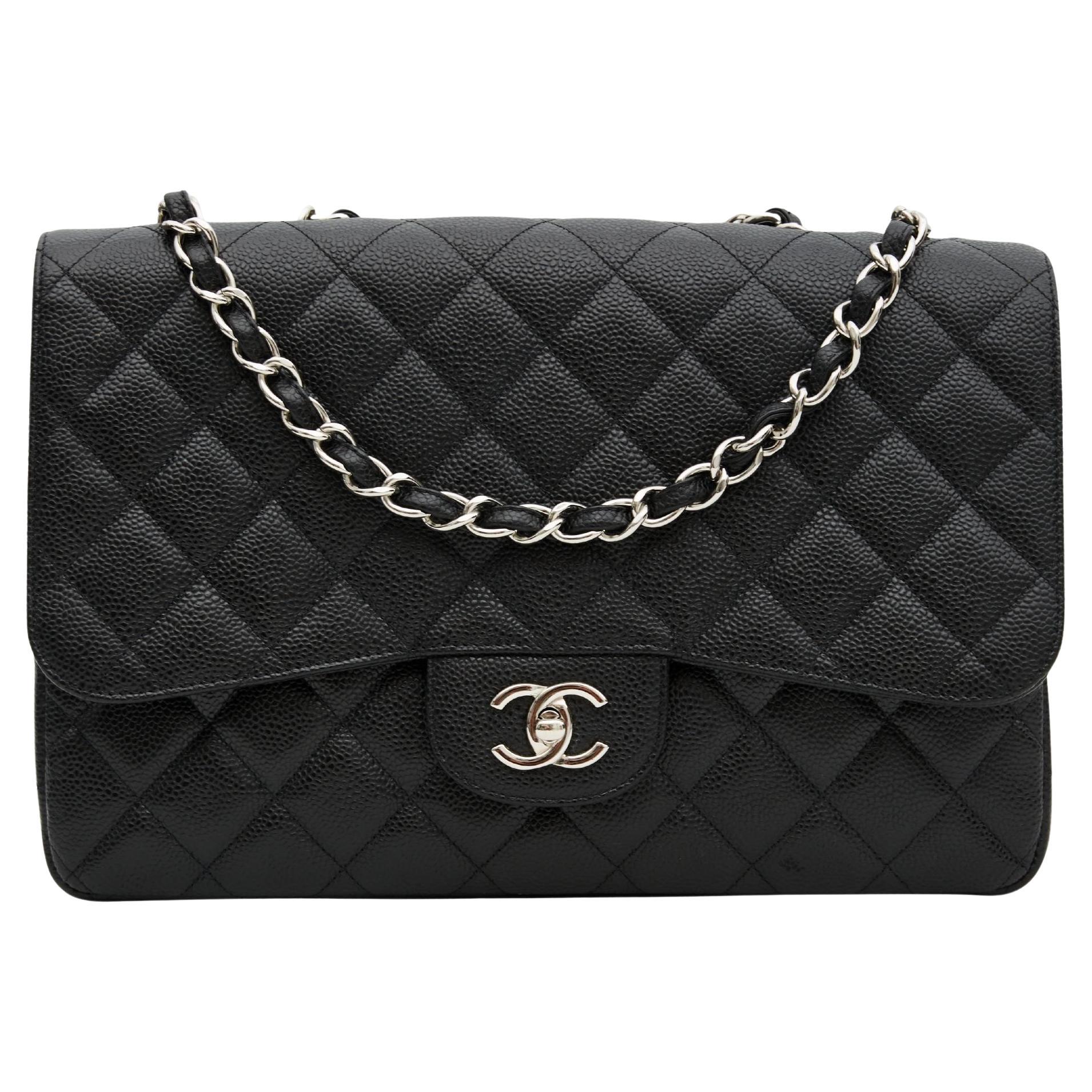 Chanel Caviar Quilted Black Jumbo Classic Single Flap Bag (2009) For Sale