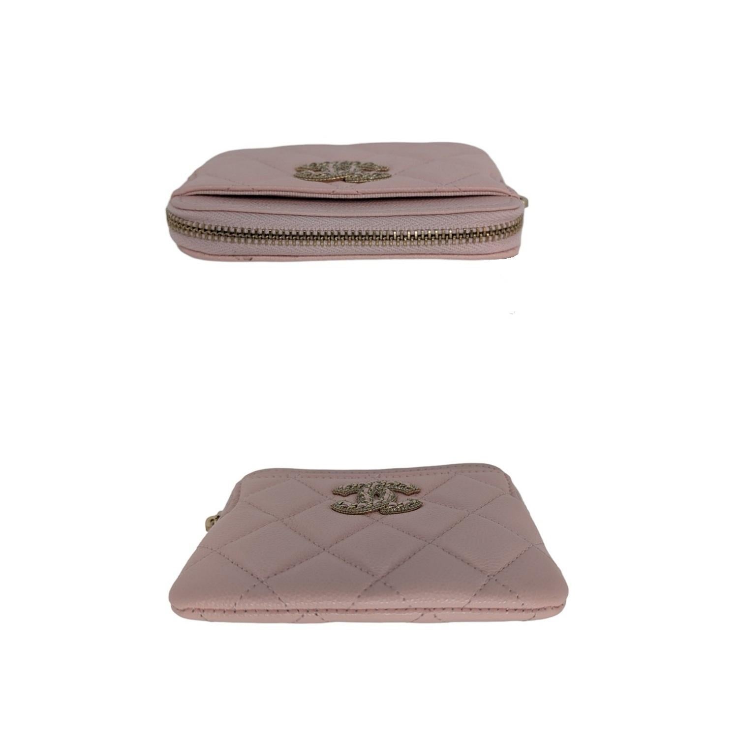 Women's Chanel Caviar Quilted Crystal Zip Card Holder Wallet Light Pink