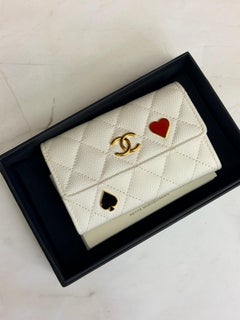 CHANEL Caviar Quilted Enamel Coco Casino Flap Card Holder Wallet White Full Set