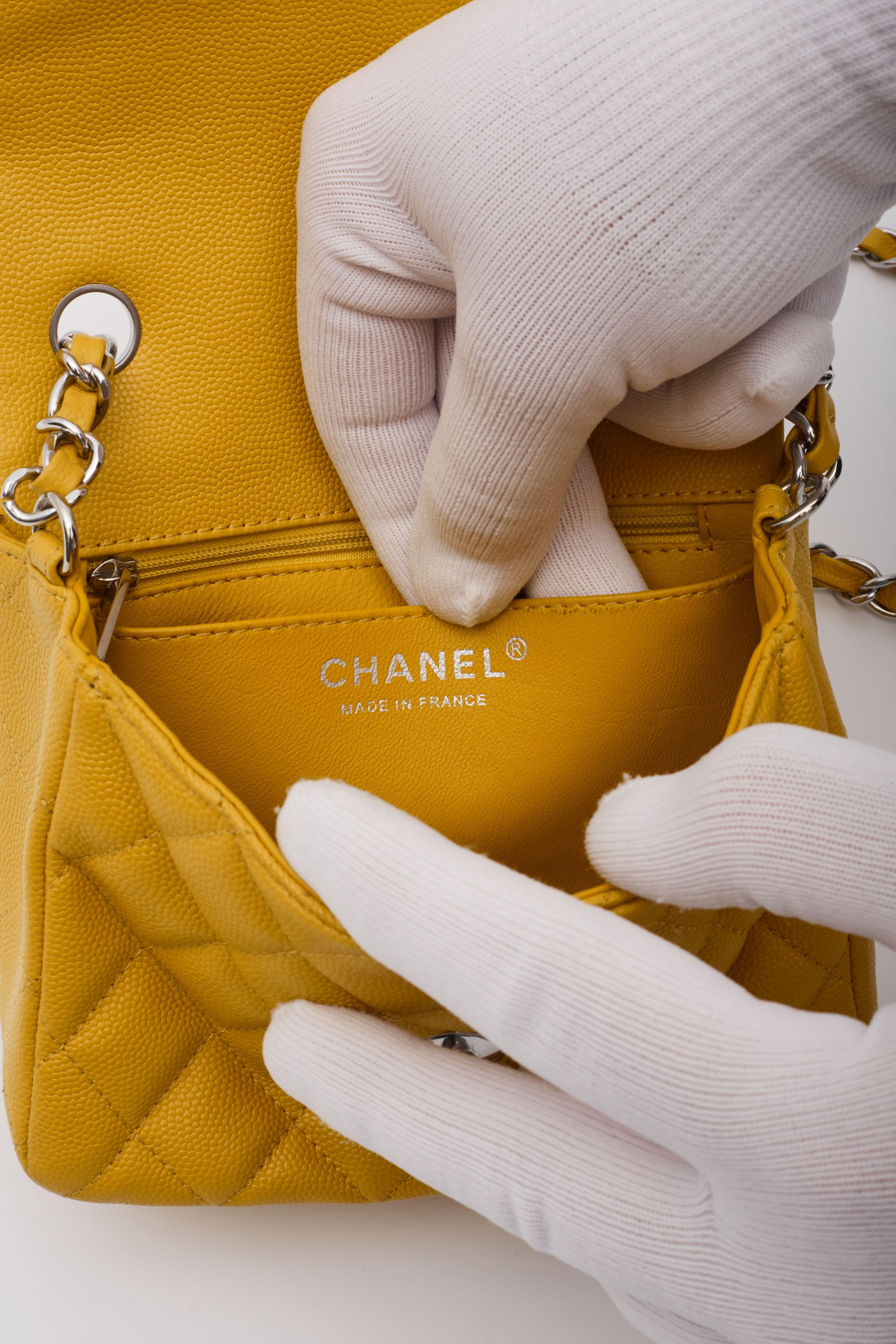 Chanel Caviar Quilted Yellow Square Flap Bag Mini For Sale 6
