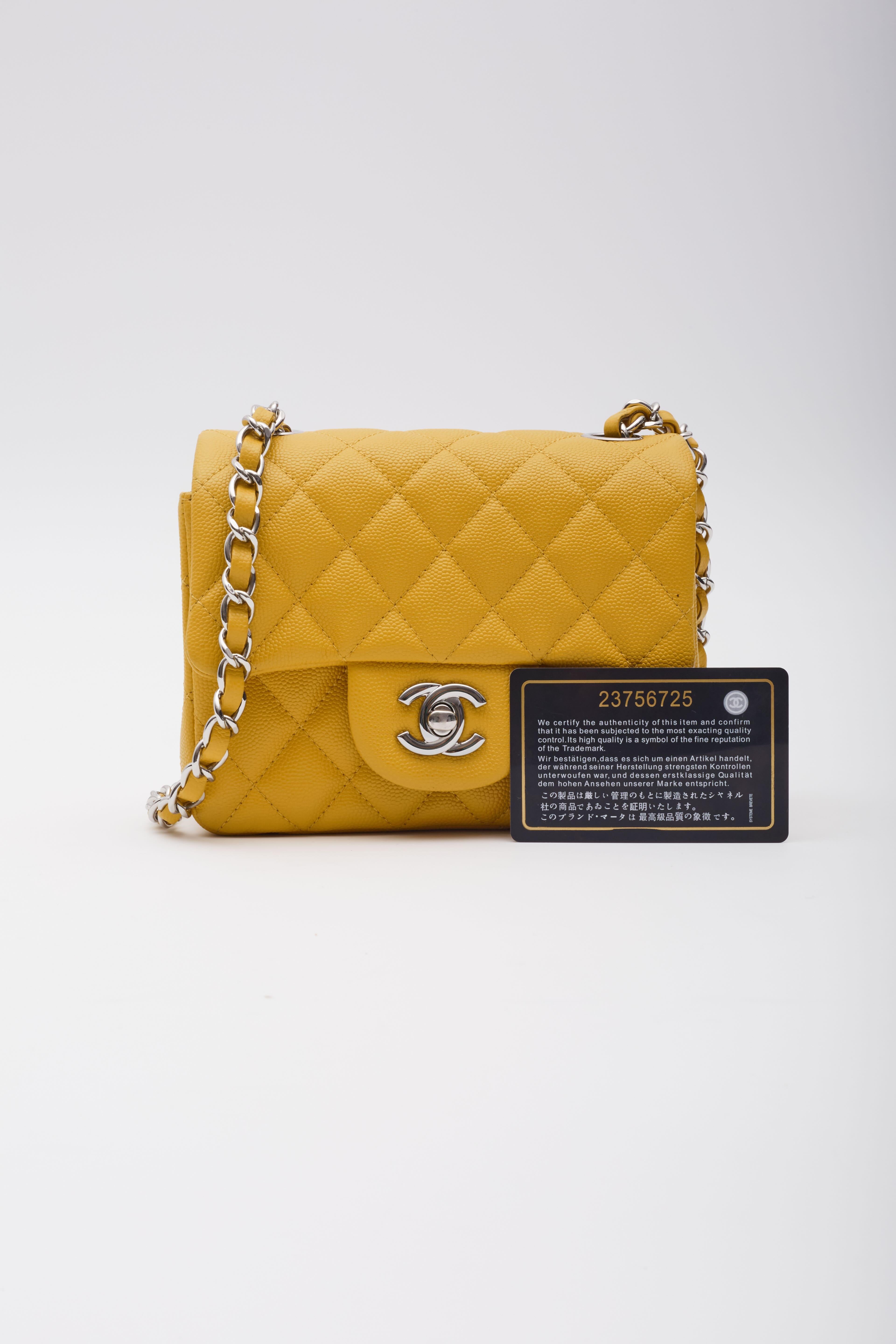Chanel Caviar Quilted Yellow Square Flap Bag Mini For Sale 8