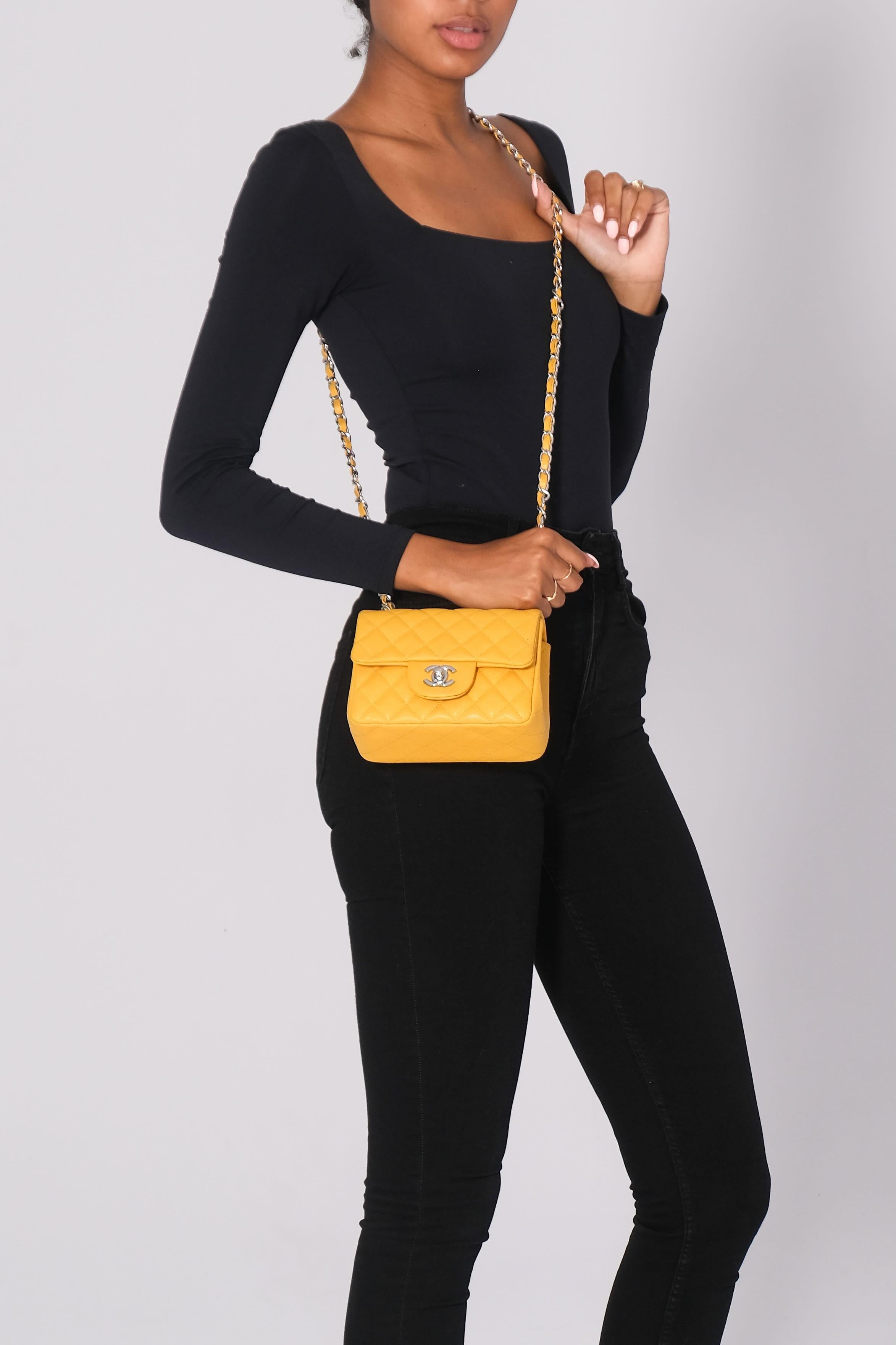 Chanel Caviar Quilted Yellow Square Flap Bag Mini For Sale 9