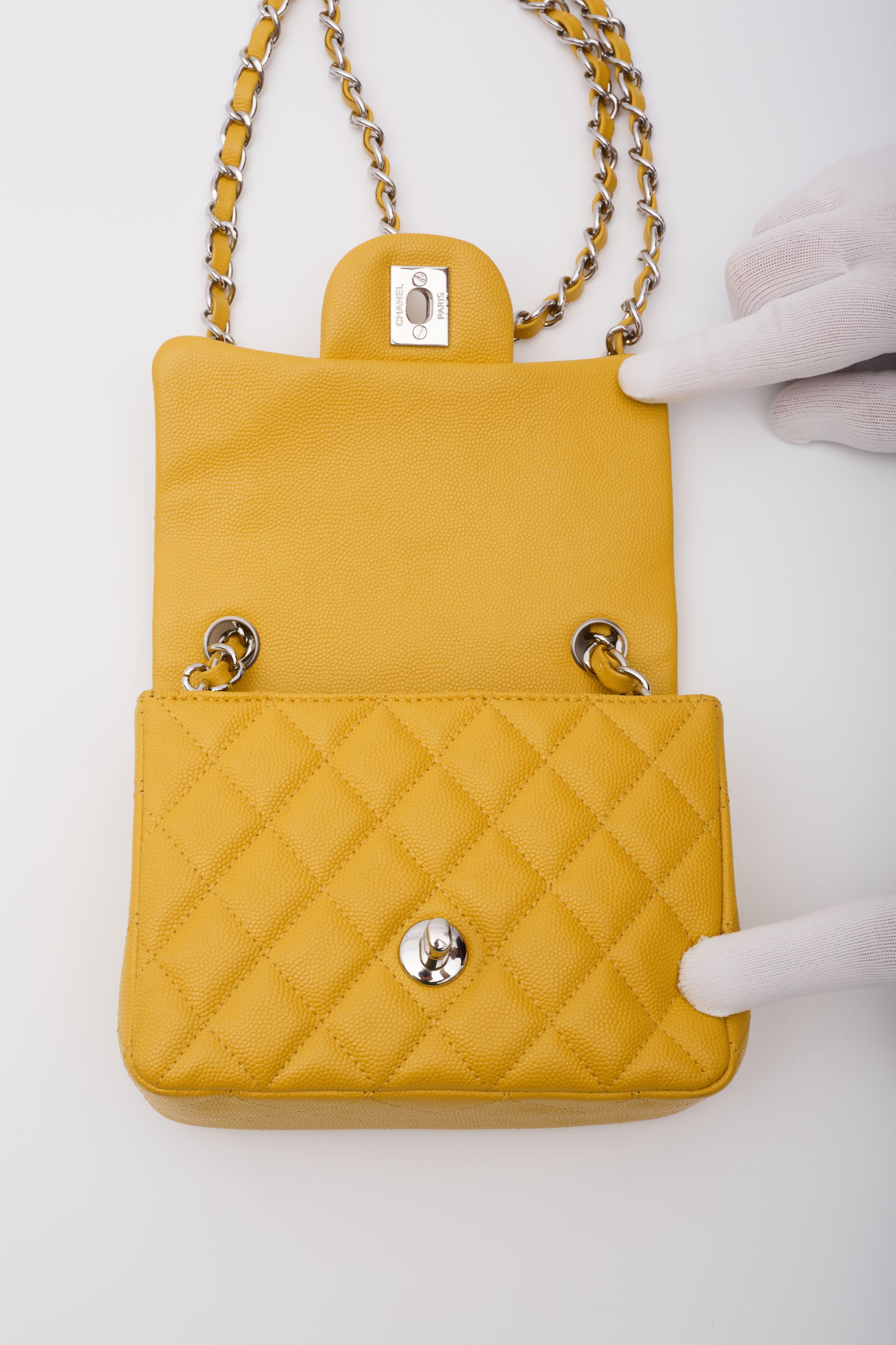 Chanel Caviar Quilted Yellow Square Flap Bag Mini For Sale 4