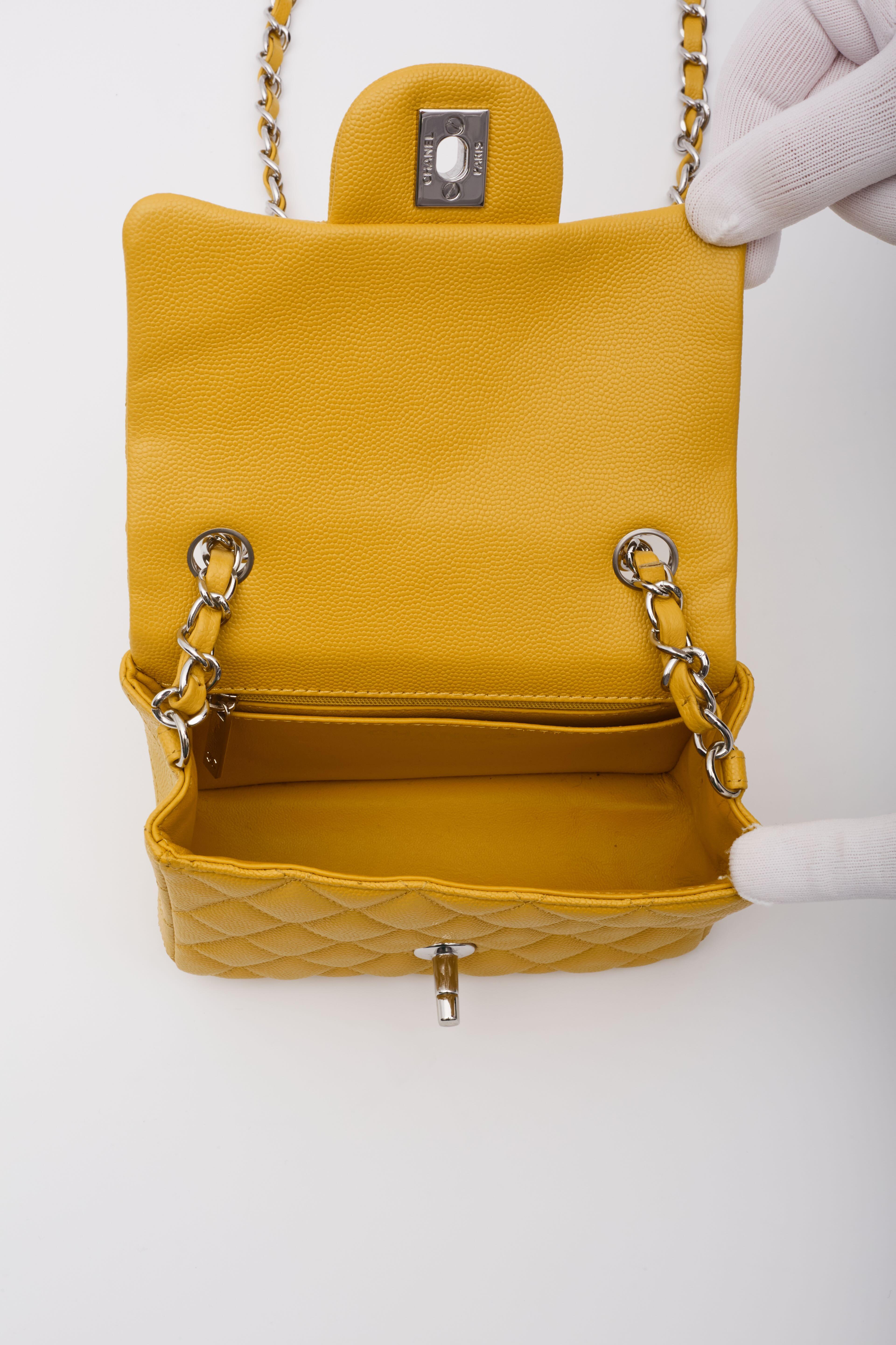 Chanel Caviar Quilted Yellow Square Flap Bag Mini For Sale 5