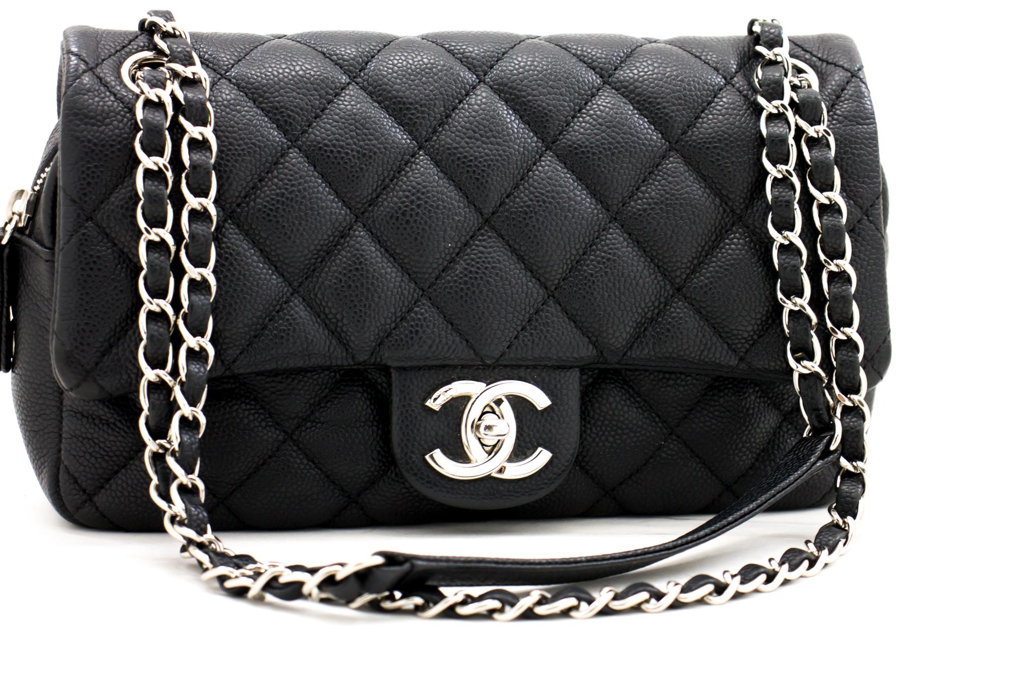 CHANEL Caviar Single Flap Silver Chain Shoulder Bag Black Zipper For