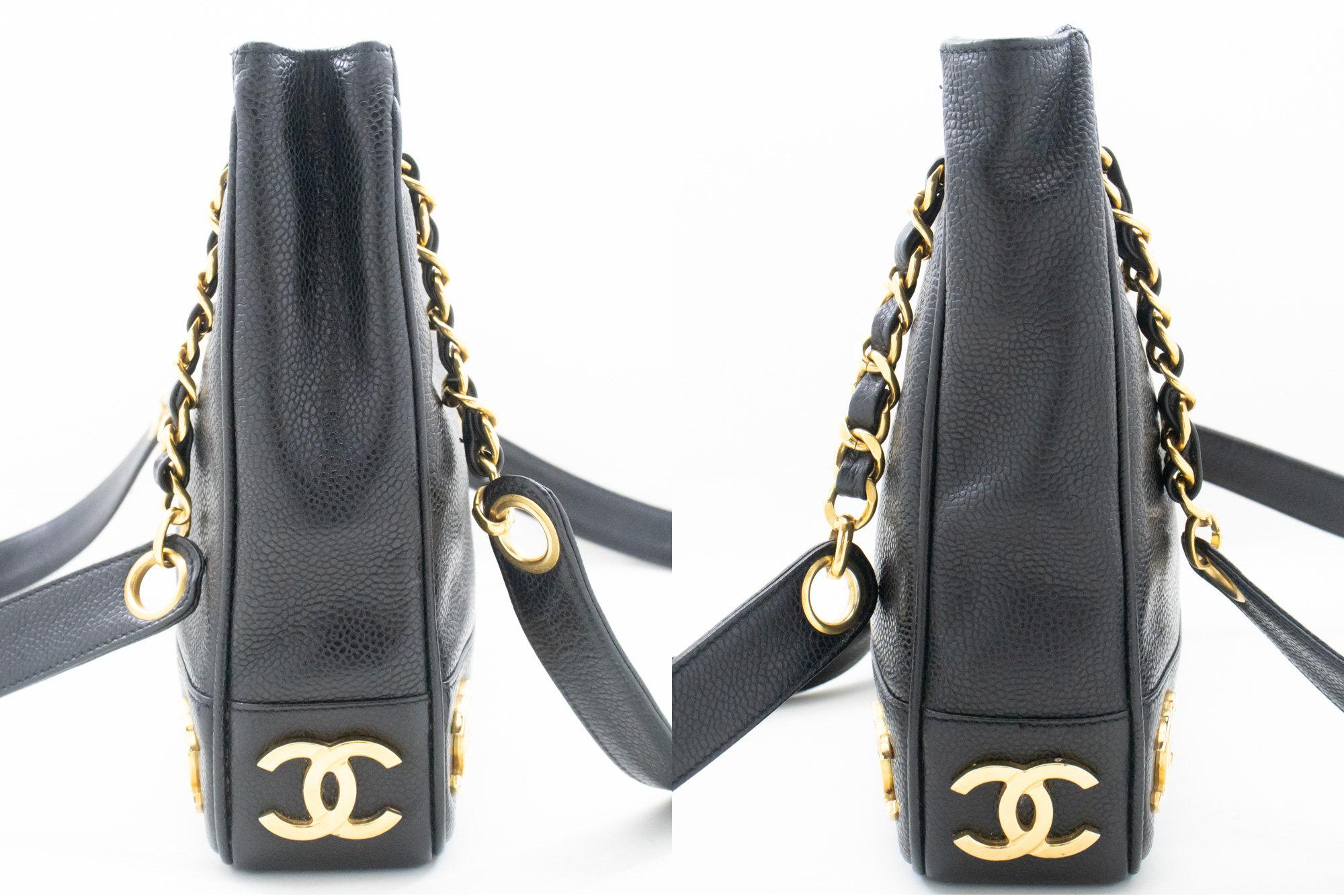 CHANEL Caviar Triple Coco Chain Shoulder Bag Leather Black Gold For Sale 1