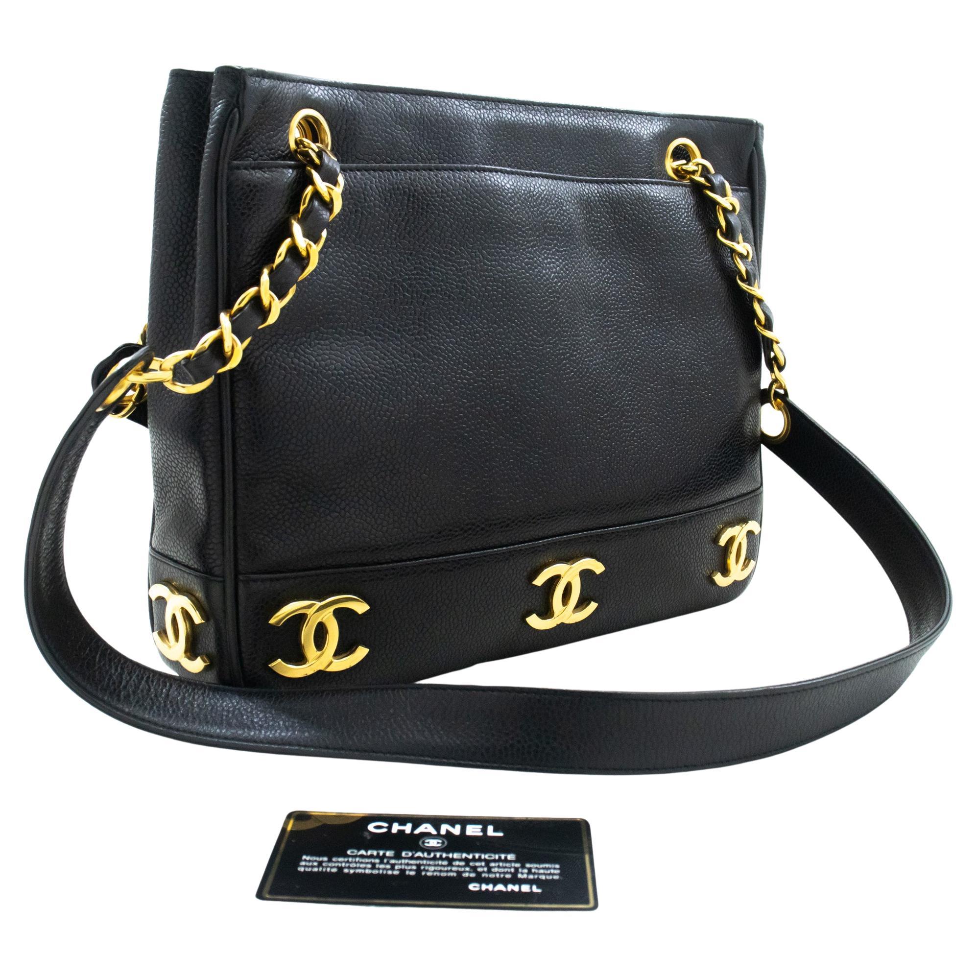 CHANEL Caviar Triple Coco Chain Shoulder Bag Leather Black Gold For Sale