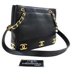 Retro CHANEL Caviar Triple Coco Chain Shoulder Bag Leather Black Gold