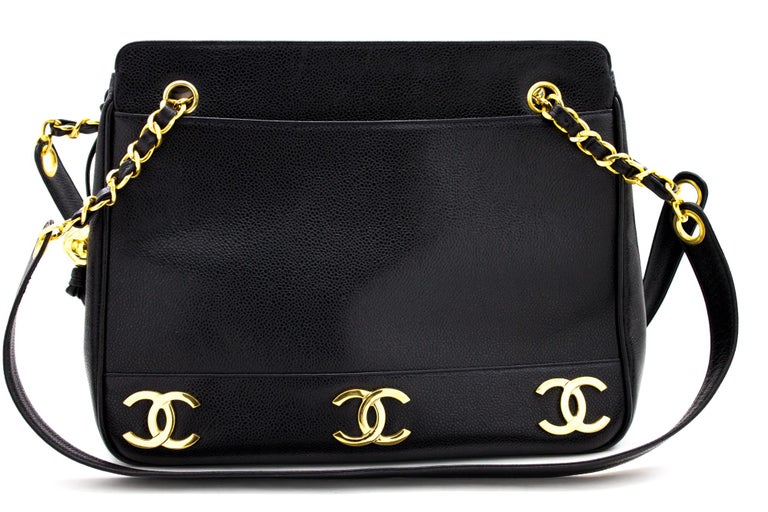 CHANEL Caviar Triple Coco Chain Shoulder Bag Leather Black Gold Hw at ...