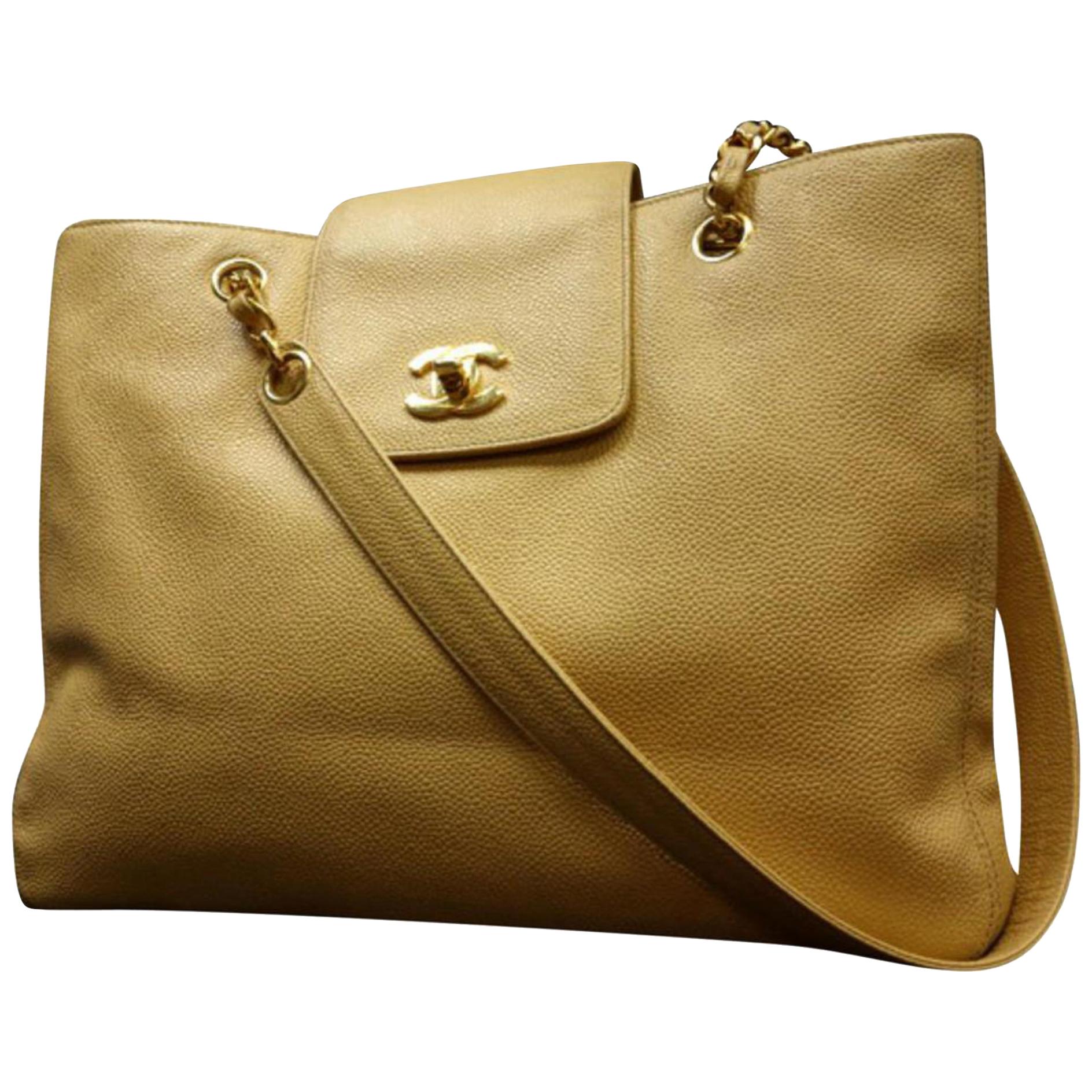 Chanel Caviar Turnlock Tote 224477 Biege Leather Shoulder Bag For Sale