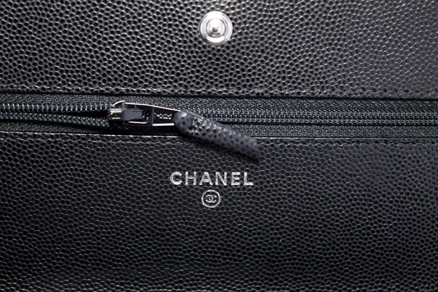 CHANEL Caviar V-Stitch WOC Wallet On Chain Black Shoulder Bag Leather 10