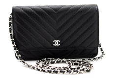 CHANEL Kaviar V-Stitch WOC Brieftasche auf Kette Schwarz Umhängetasche Leder