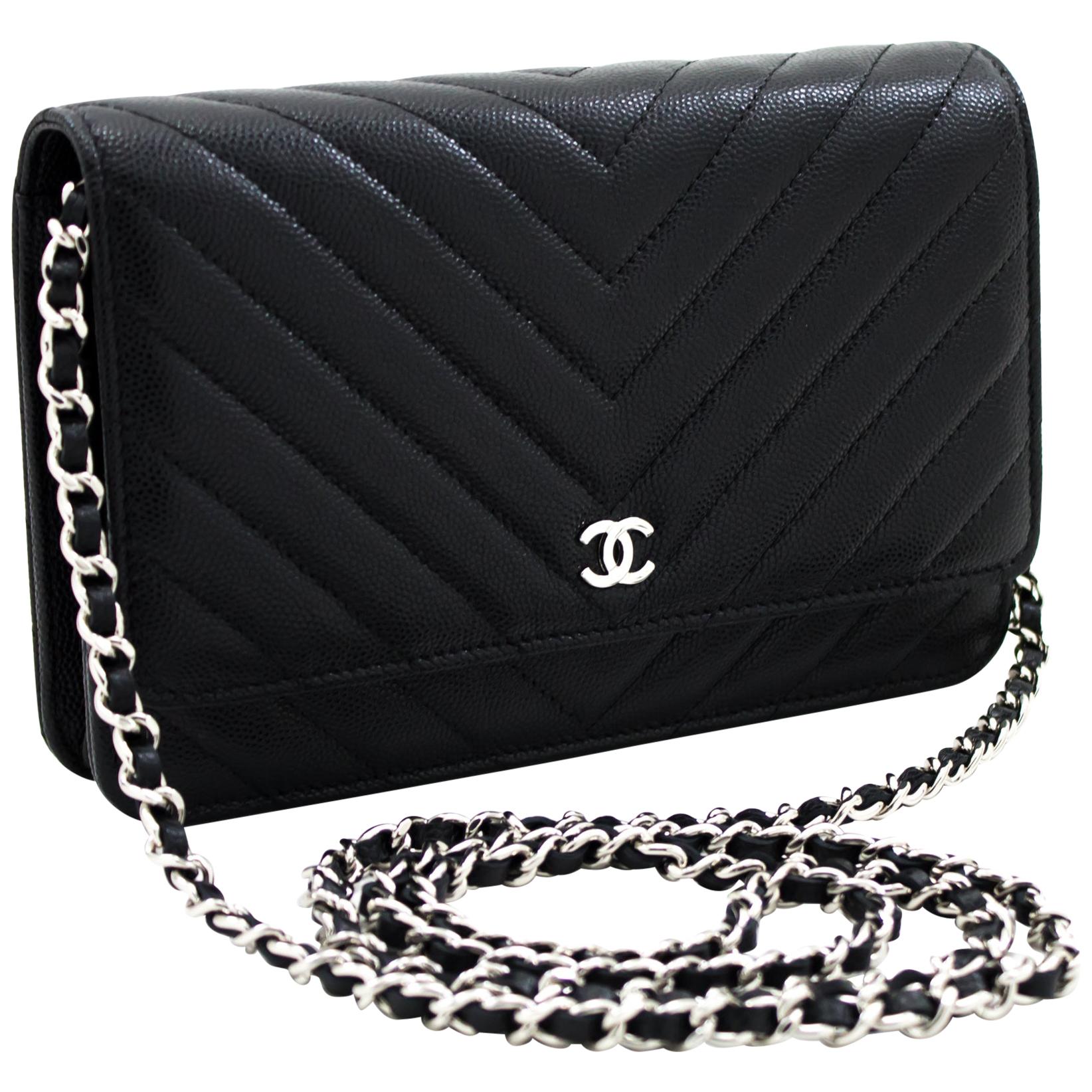 CHANEL Caviar V-Stitch WOC Wallet On Chain Black Shoulder Bag Leather