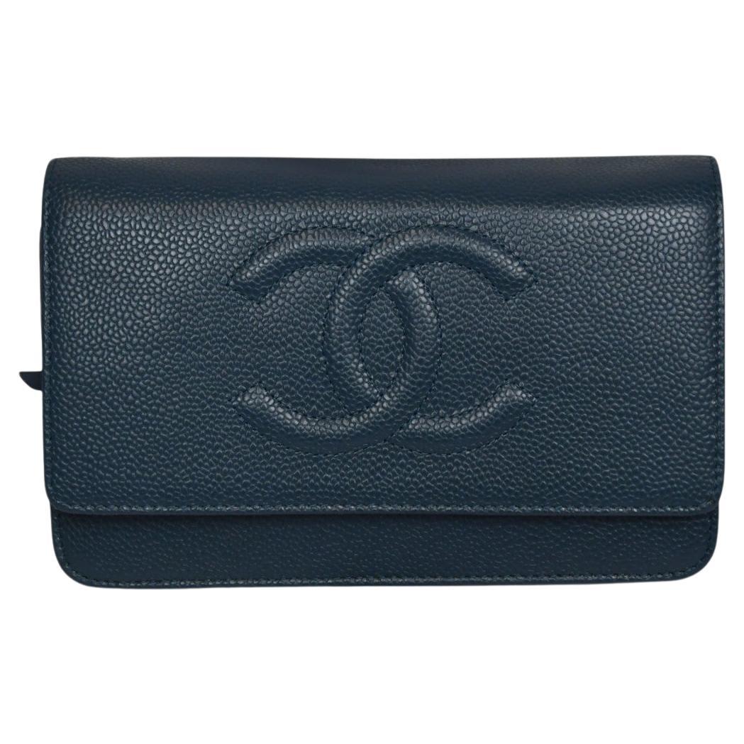 Chanel Caviar Wallet on Chain  Navy Pebbled Leather, Chain Strap