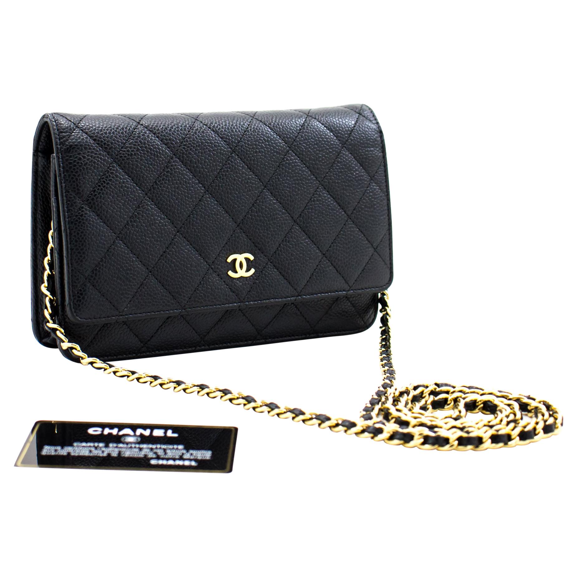 black leather chanel wallet chain