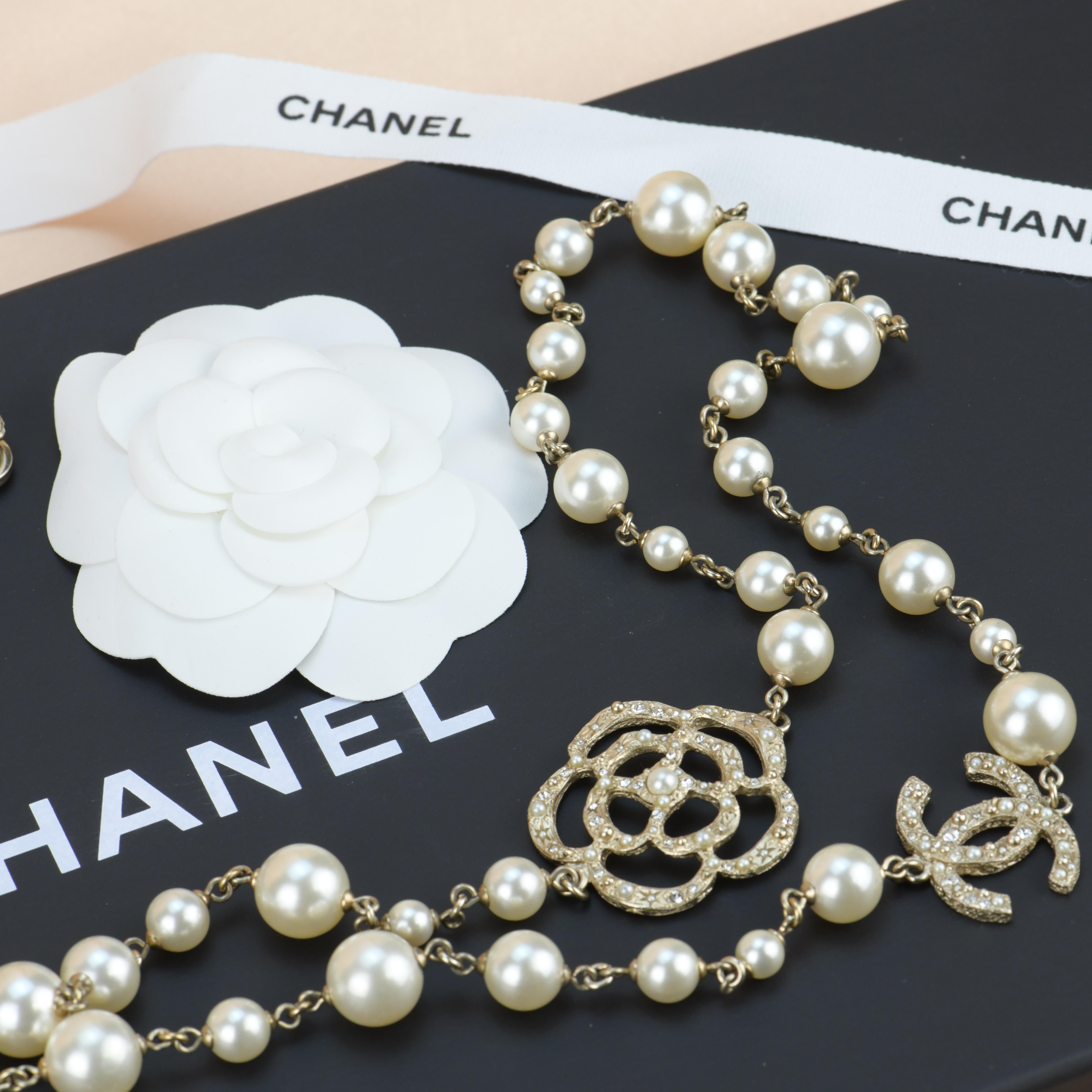 Bead Chanel CC 2014 Crystal Camellia Pearl Long Necklace