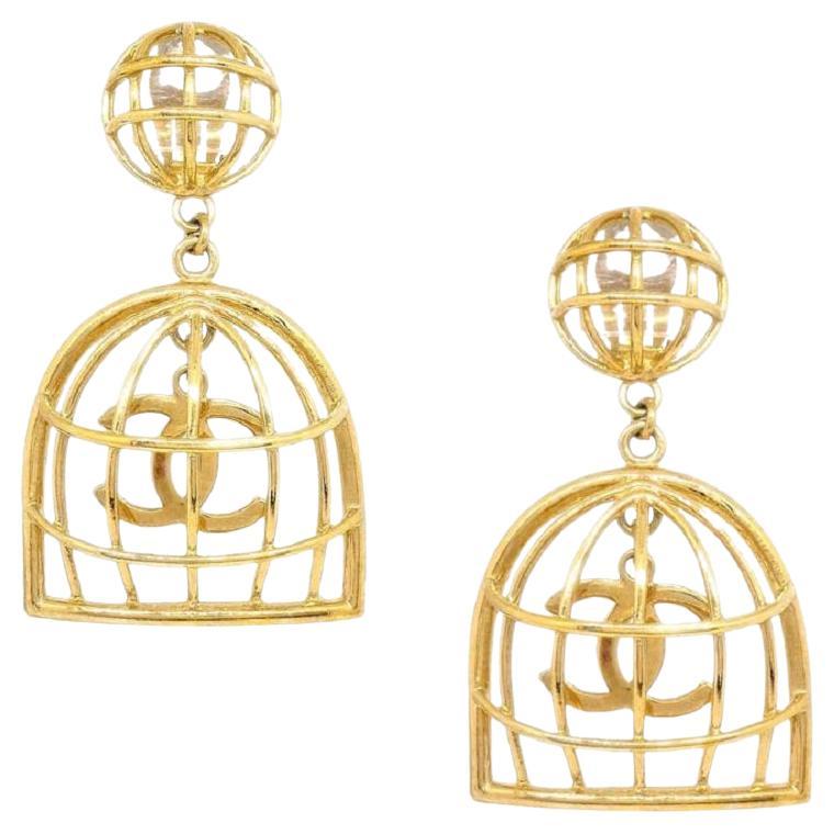 CHANEL CC 24K Gold Metal Plate Bird Cage Dangle Drop Evening Earrings  For Sale