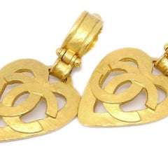 CHANEL CC 24K Gold Tone Metal Heart Evening Dangle Drop Earrings