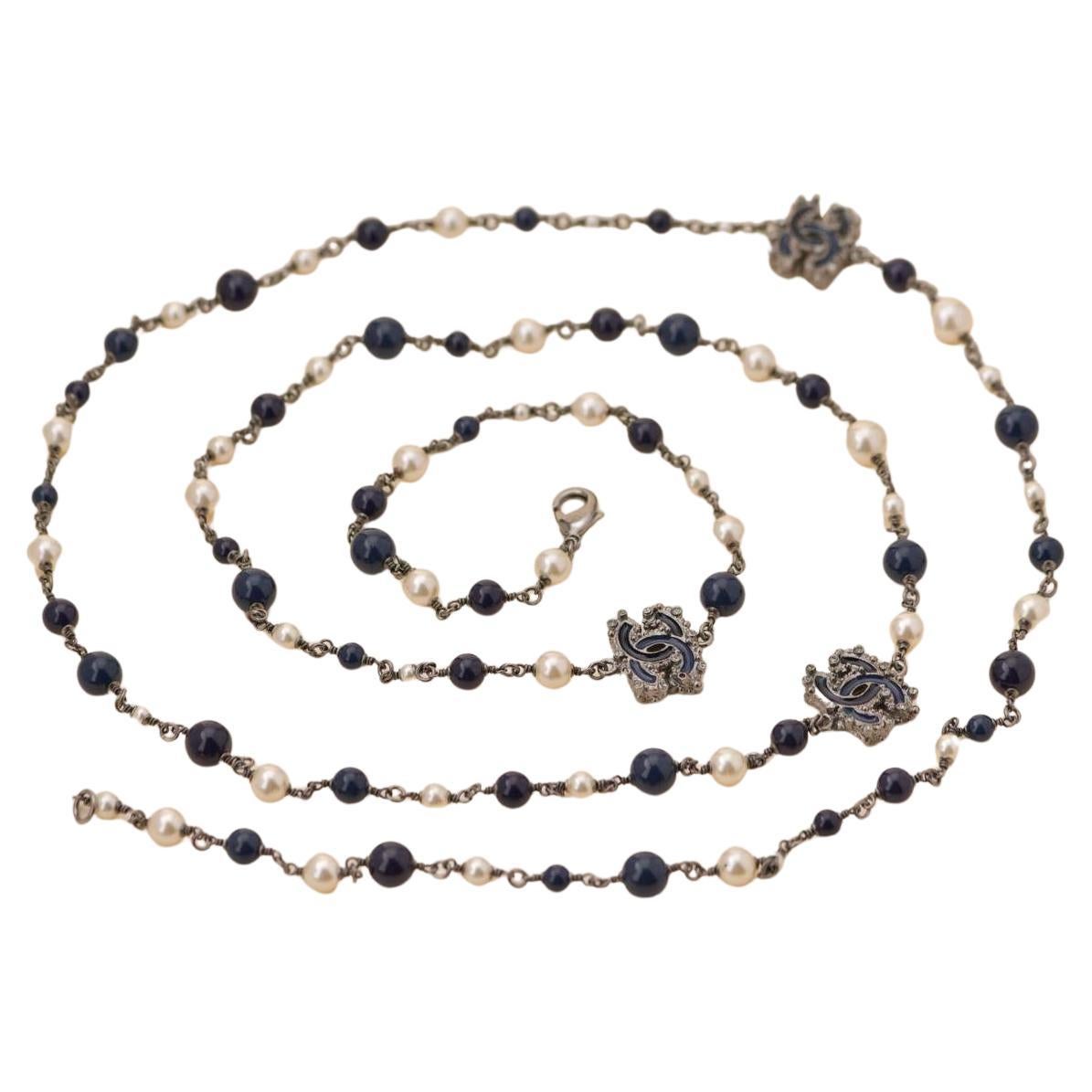 Chanel CC 3 Logos Crystal Pearl and Beaded Long Necklace at