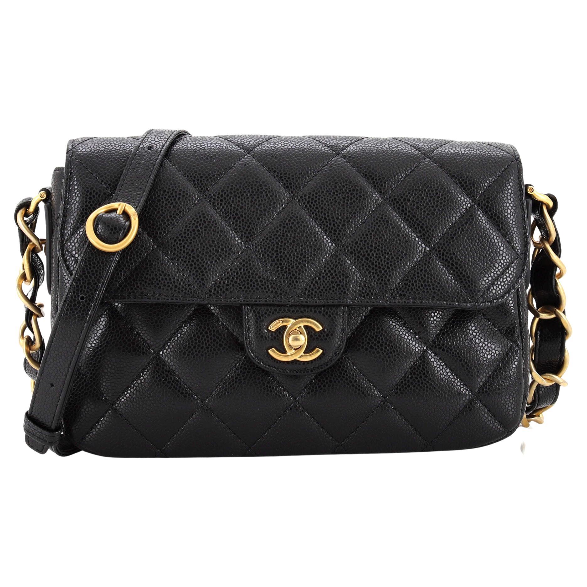 Chanel CC Round Flap Messenger Bag Quilted Caviar Small Neutral 1062551