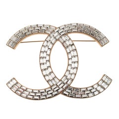 Chanel CC Baguette Crystal Embellished Gold Tone Brooch