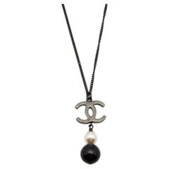 Chanel CC Bead Faux Pearl Gunmetal Tone Necklace