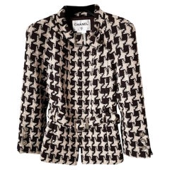 Chanel Vintage Beige Houndstooth Tweed Button Front Jacket L Chanel