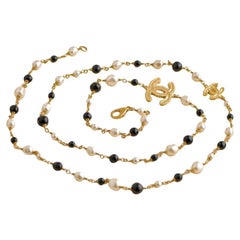 Used Chanel CC Black And Cream Pearl Gold Tone Long Necklace