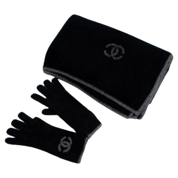 Chanel CC Black and Grey Cashmere Scarf and Gloves For Sale