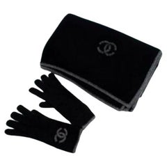 Chanel CC Black and Grey Cashmere Scarf and Gloves