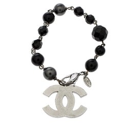 Chanel CC Black Beads Faux Pearl Silver Tone Charm Bracelet 19cm